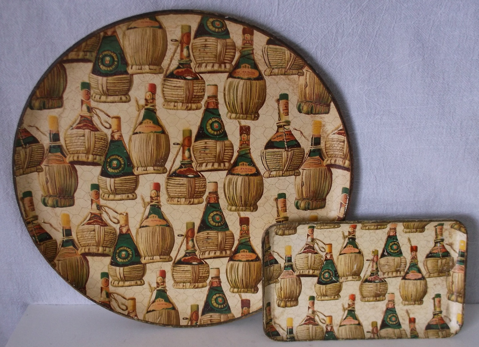 Vintage PAIR Papier Paper Mache Snack Trays Wine Bottles Chianti Alcohol Proof Trays, Platters