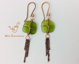Handmade sea glass earrings copper twist wrapped with chain dangles - $31.00