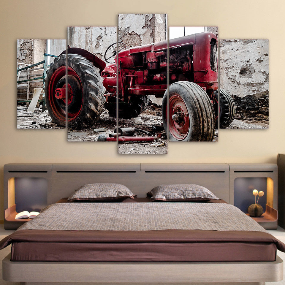 Framed 5 Pcs Old Tractor Red Rustic Painting Printed Canvas Wall Art Home Décor Posters & Prints