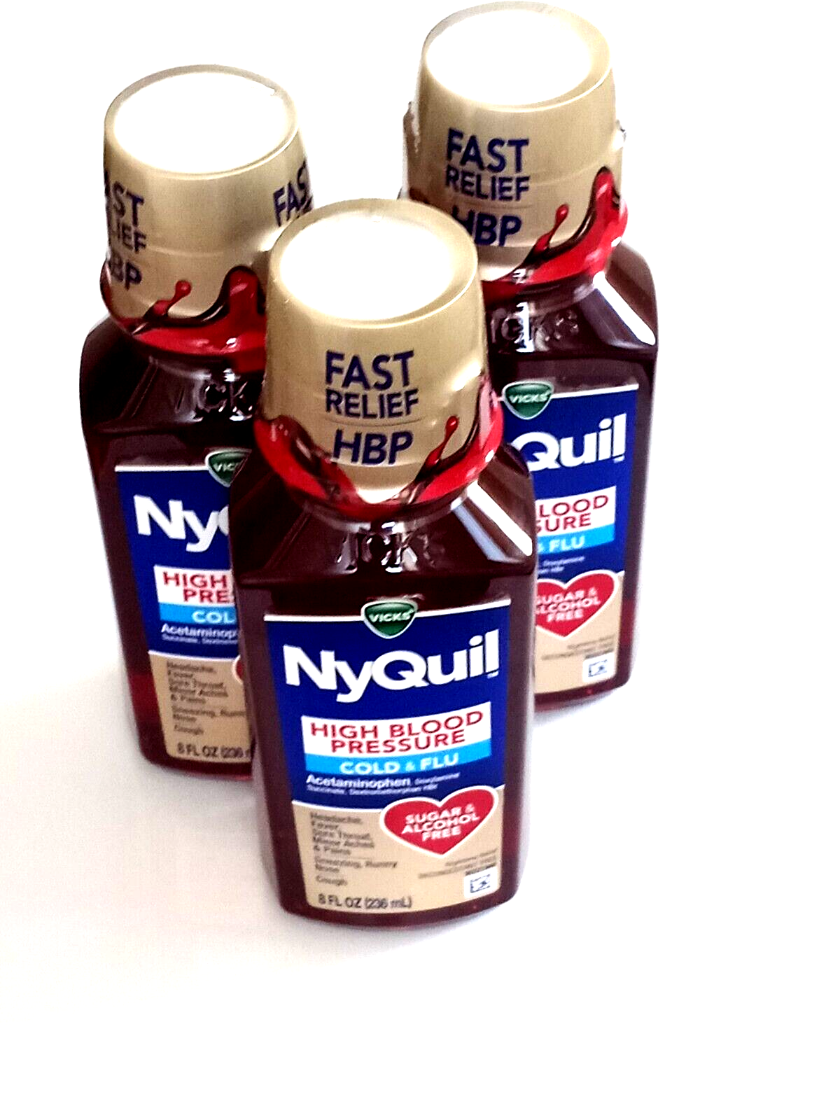 3 VICKS NyQuil hbp HIGH BLOOD PRESSURE Cold & Flu 8 fl oz NIGHT TIME