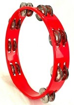 Vtg 10&quot; Red Tambourine Percussion Instrument-16 Pair of Double Jangles-P... - $32.71