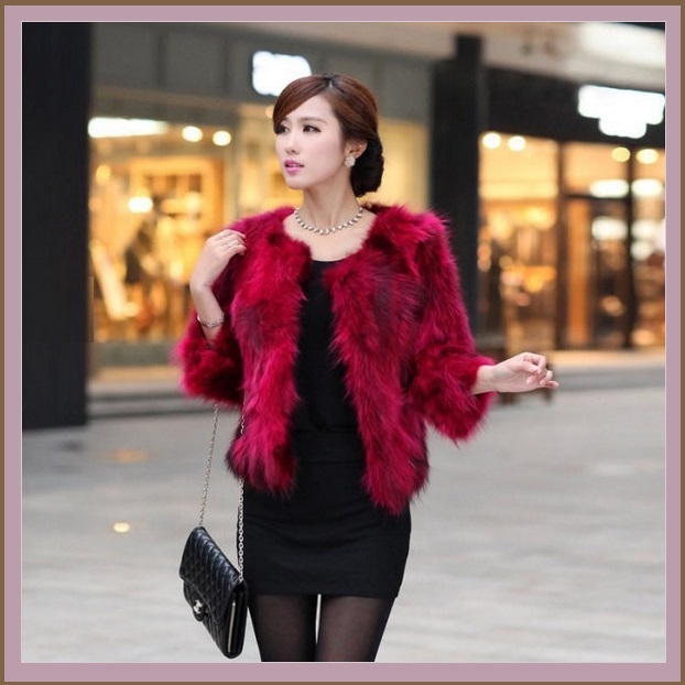 Garnet Red Natural Racoon Fur Three Quarter Sleeved Short Coat Jacket w/ Pockets