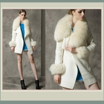 Warm Wild Artic White Wolf Faux Fur Collar Ivory Woolen Cashmere Lined Overcoat image 2