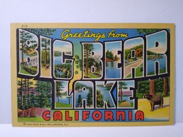 Greetings From Big Bear Lake California Large Letter Linen Postcard Curt... - $9.69