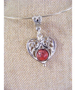 BRIGHT RED TURQUOISE HEART SHAPED PENDANT  LARGE BAIL TIBETAN SILVER SET... - $6.79