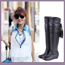 Tall Over the Knee Soft Leather Back Tassel Low Heel Motorcycle Boot Black/Brown image 3