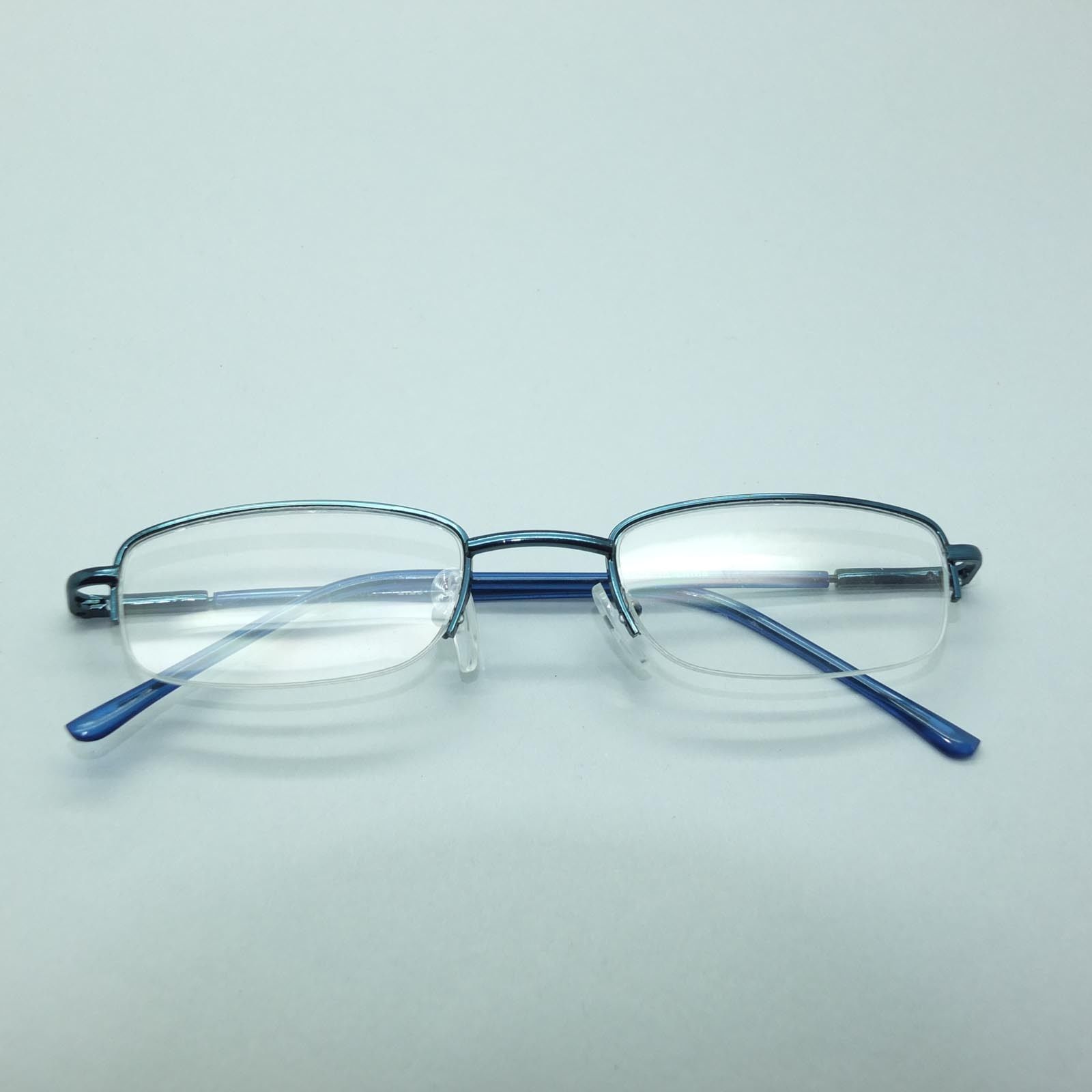 Blue Metal Reading Glasses Narrow Lens Tech Style Lo Pro Demi Frame