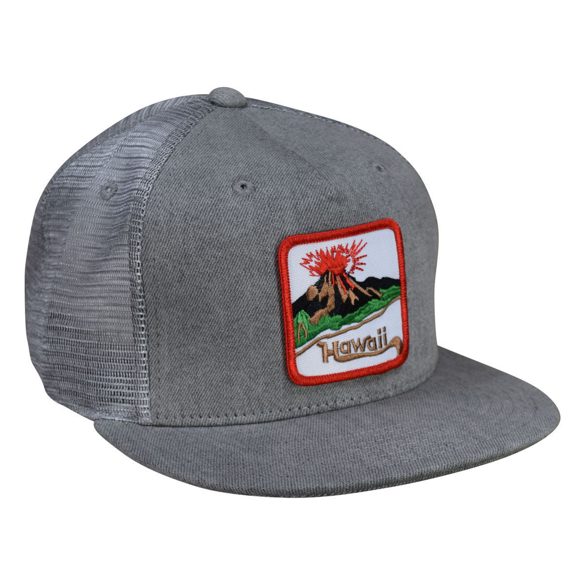 Hawaii Volcano Trucker Hat by LET'S BE IRIE - Gray Denim Snapback - Hats