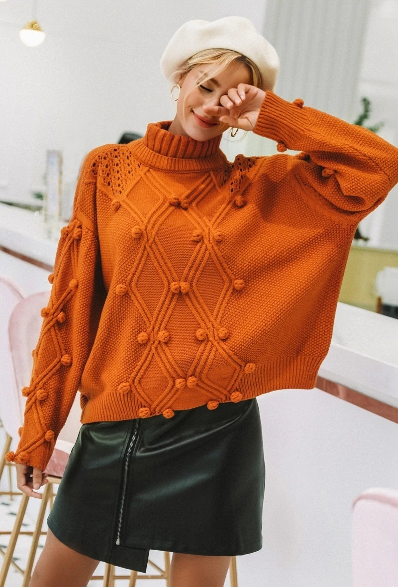 New ginger orange chunky cable knit turtleneck oversized pullover ...