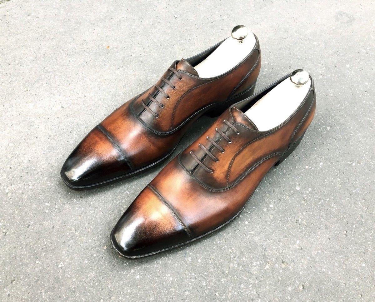 handmade leather men lace up dress shoes custom made patina finish