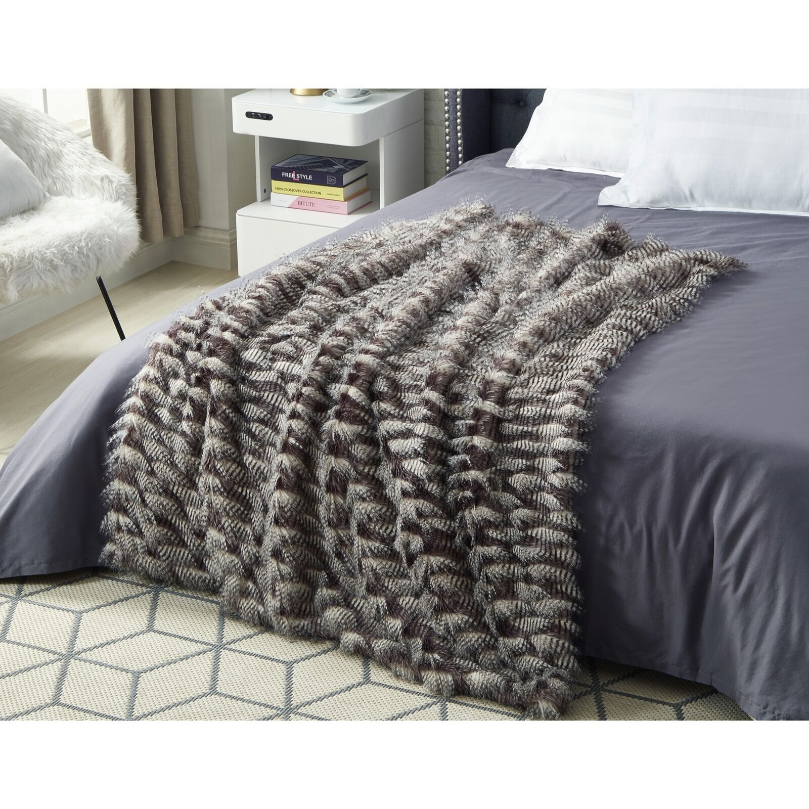 Dark Grey Faux Fur Throw Reverse Micromink Soft Blanket 50"x60