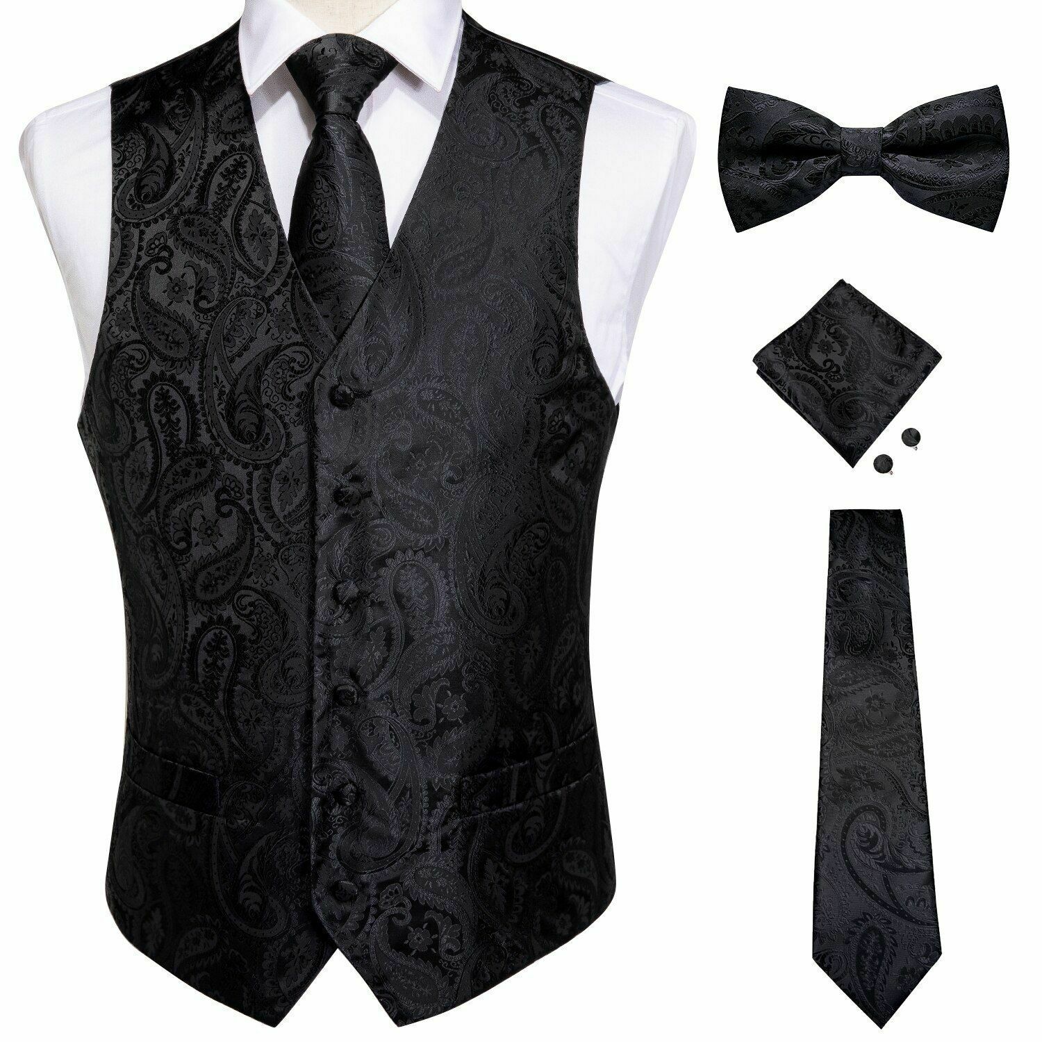 Business Male Waistcoat Hanky Necktie Bow Tie Set Men Slim Fit Wedding Suit Vest