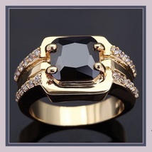 Man's Black Octagon Square Cut Sapphire Cz 18K Yellow Gold Filled Fashion Ring image 2