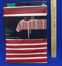 Oblong Tablecloth Target Red White Brown Stripe Seats 6-8 Wipe Clean 60" x 84" - $13.16