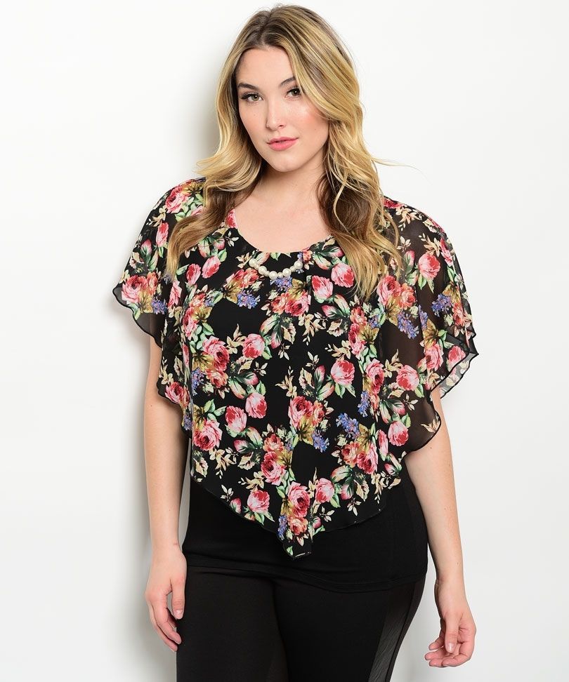 Image of Romantic Dressy Black Pink Floral Lined Chiffon Plus Party Club Tunic Top XL-XL