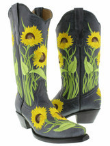 Womens Western Cowboy Boots Denim Blue Sunflower Embroidered Leather Sni... - $168.29
