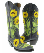 Womens Western Cowboy Boots Denim Blue Sunflower Embroidered Leather Sni... - $168.29