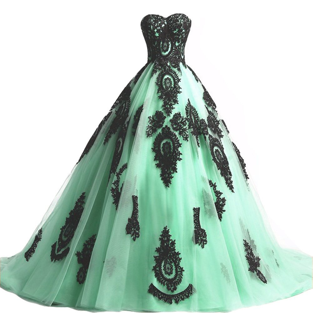 Plus Size Long Ball Gown Black Lace Gothic Corset Prom Evening Dresses Mint US 1