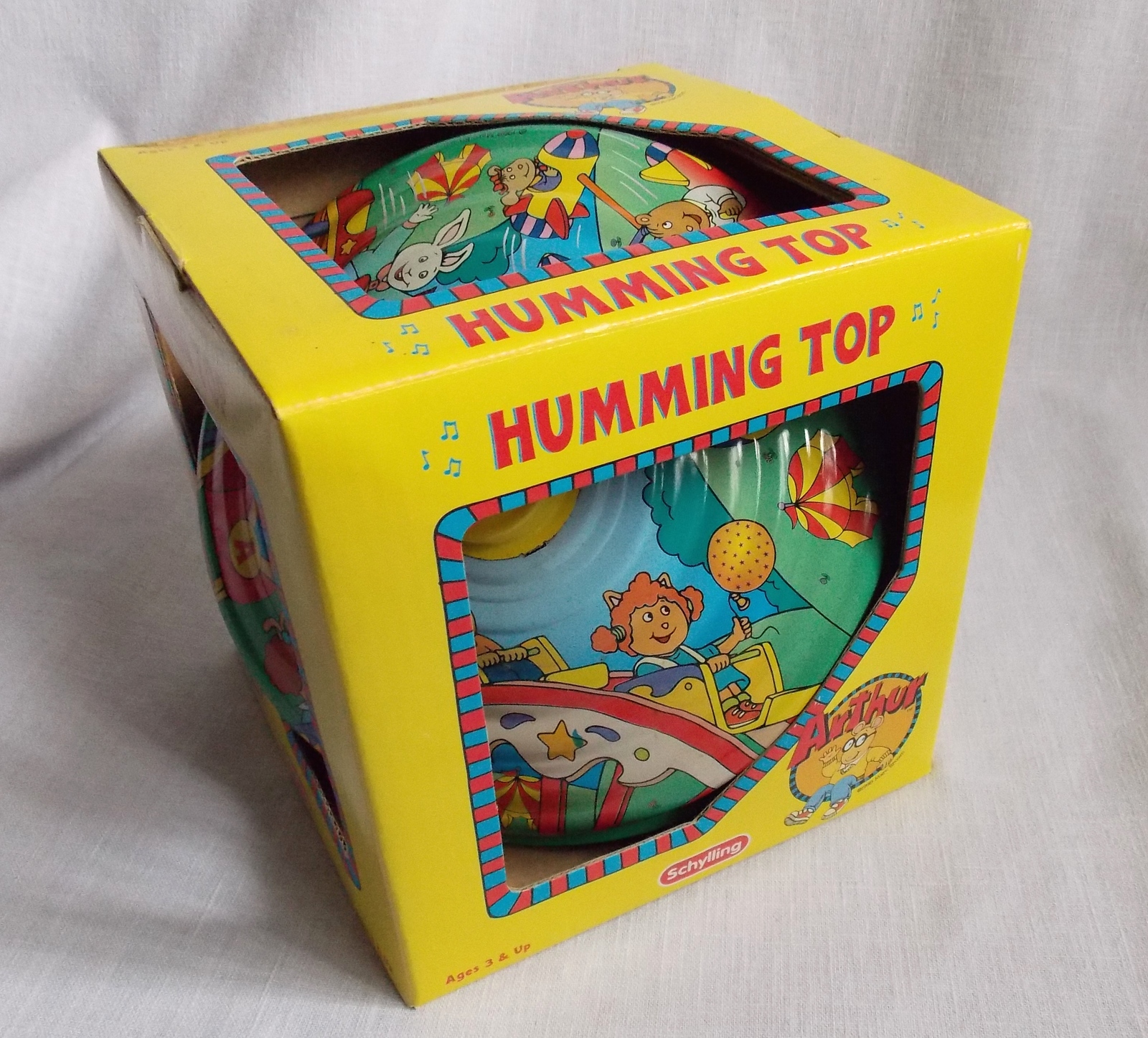 Vintage Schylling Arthur Tin Spinning Humming Top in Original Package 7 1/2" Spinning Tops
