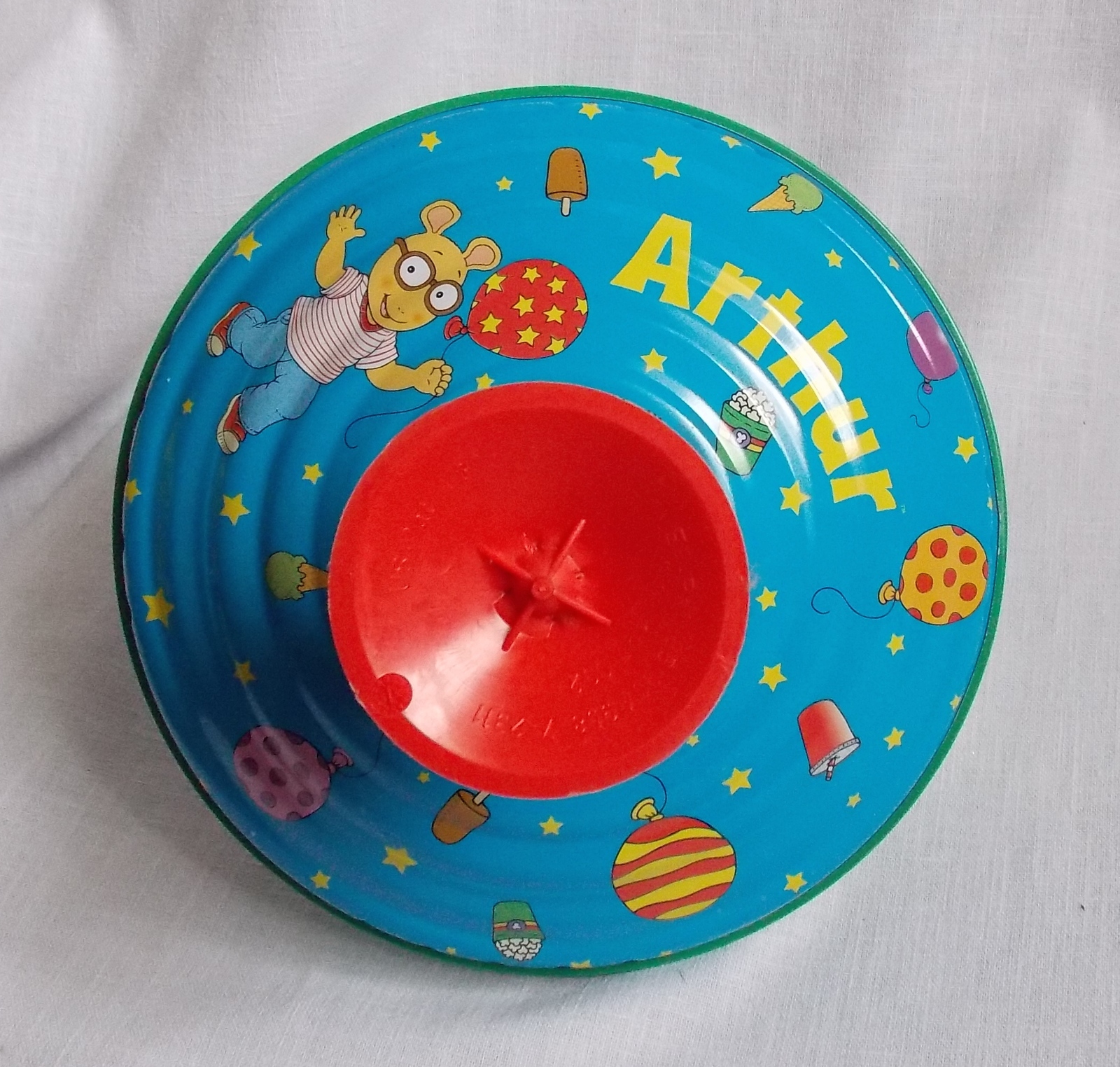 Vintage Schylling Arthur Tin Spinning Humming Top in Original Package 7 1/2" Spinning Tops