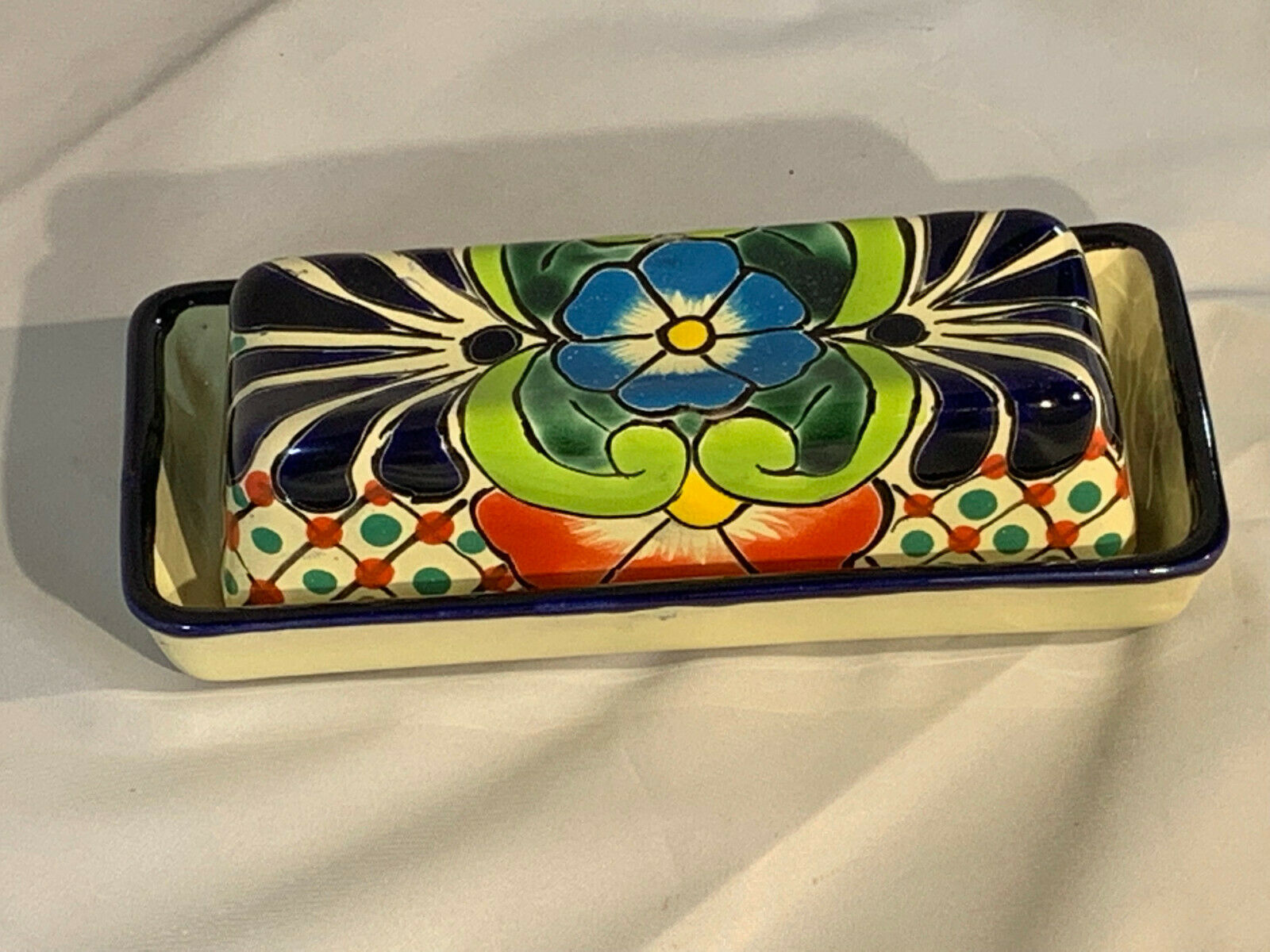 Mexican Pottery BUTTER DISH 6.5" Multi colored Talavera 8 Hand painted NEW! Pottery