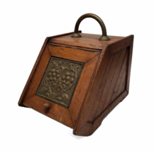 Vintage Antique Oak Wood Box Lid Scuttle Ash Coal Fireplace Liner Hearth Storage image 1