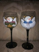 2 Snowman Angel Wine Glasses Hand Painted Christmas Xmas Winter Snow Sta... - $31.67