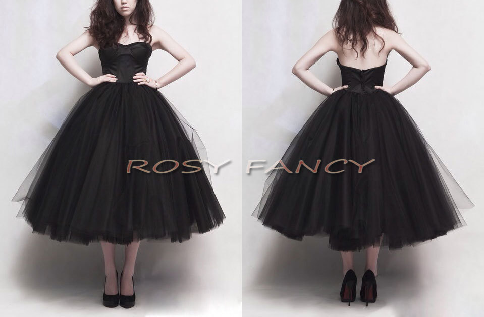 Rosyfancy Retro Black Multilayer Puffy Skirt Tea Length Prom Dress