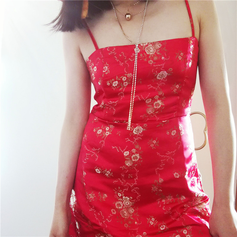 Vintage Floral Jacquard Cami Dress Women Satin Slim Short Dress backless Spaghe - Dresses