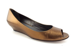 COLE HAAN Size 8 ELSIE Gold Bronze Open Toe Wedge Heels Shoes - $41.25