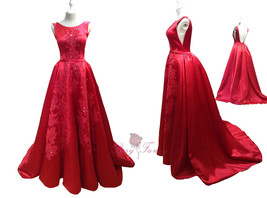 Rosyfancy Hepburn Style Beaded Lace Applique Boat Neck Backless Evening Gown - $340.00