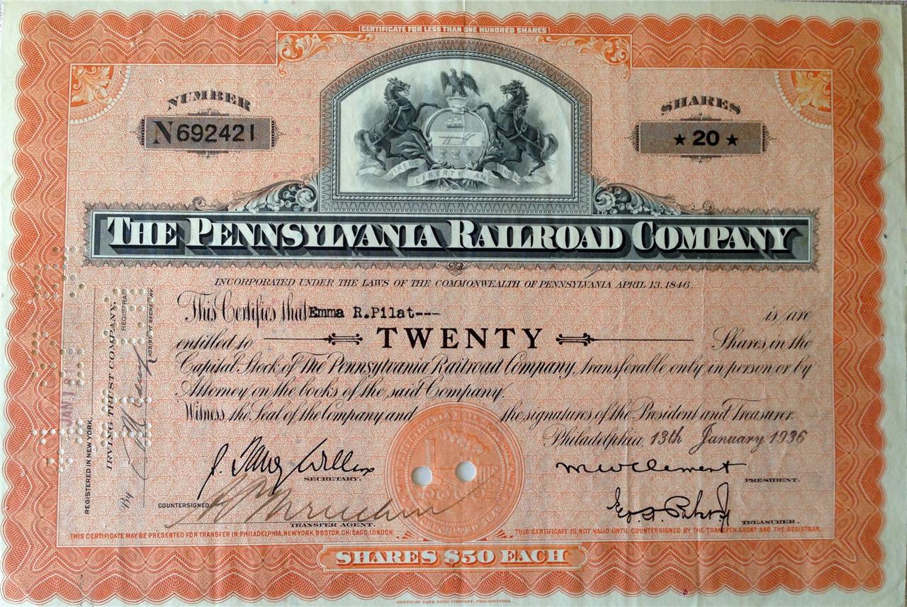 1936 The Pennsylvania Railroad Company Shares Vintage Antique 20 shares