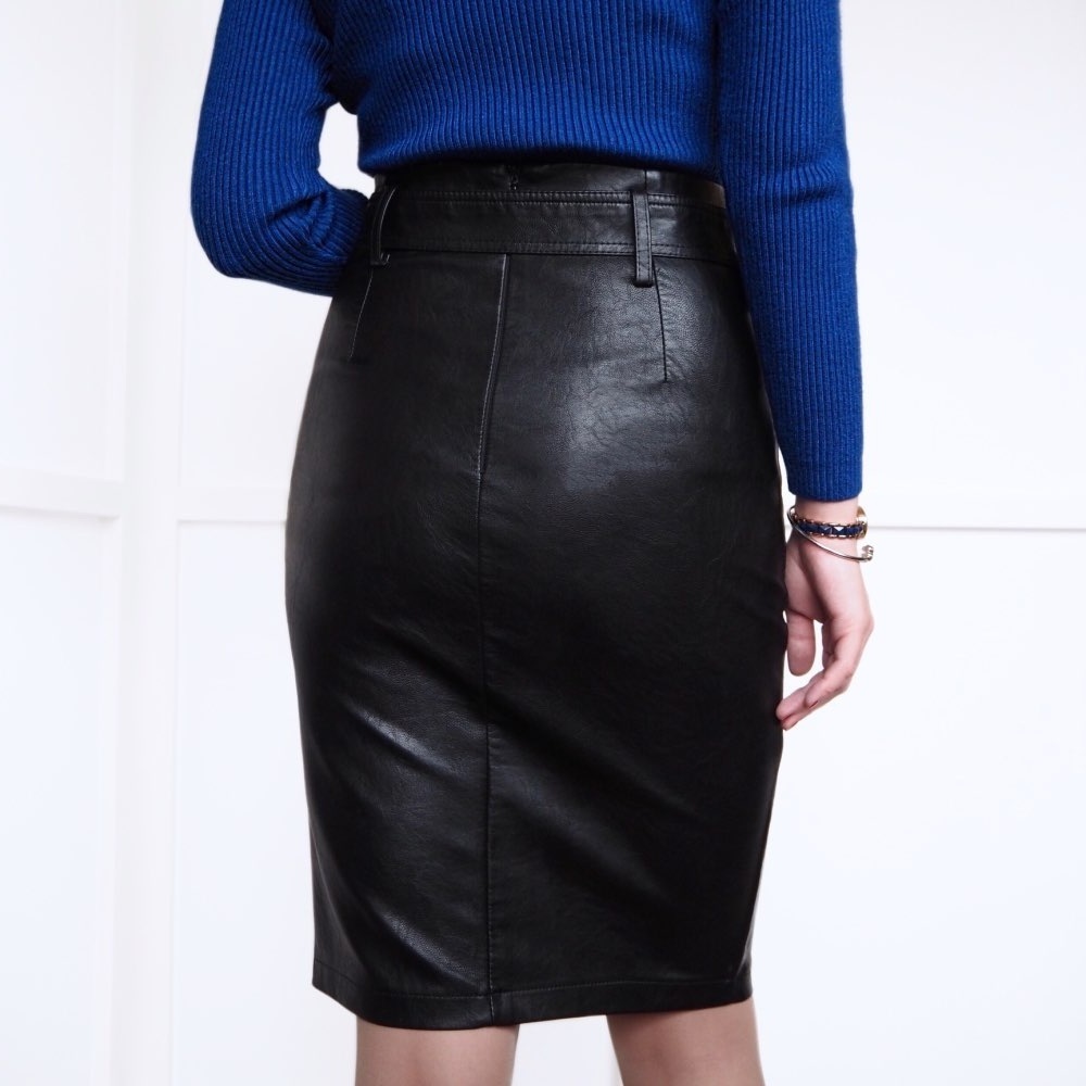 New black faux leather high waist front slit midi knee length women ...