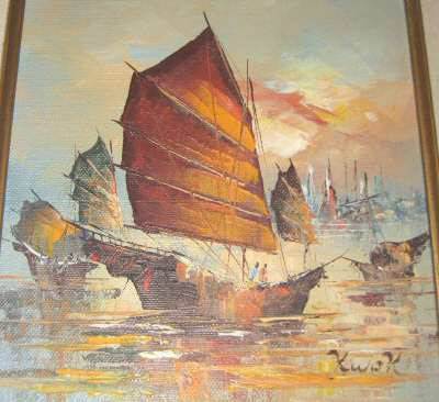 Vintage Hong Kong Junk Boat Framed Oil Painting Kwok - Art