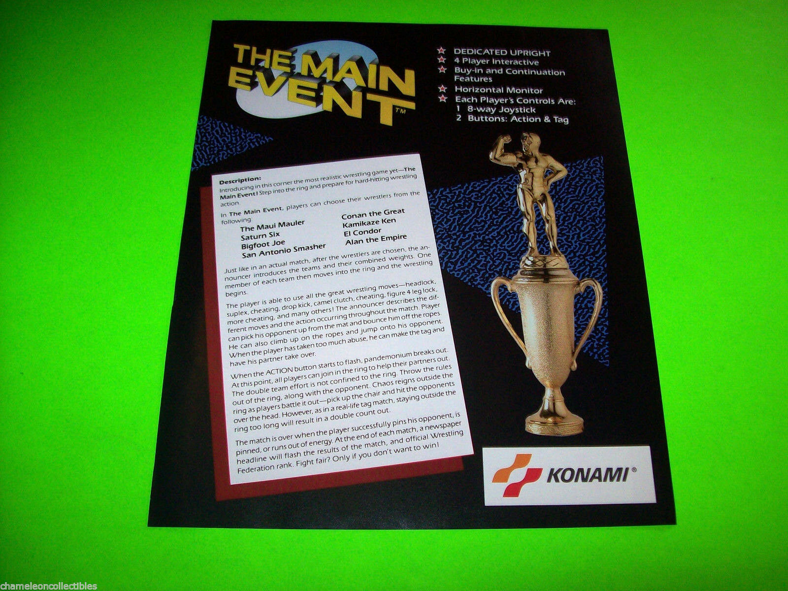 Konami The Main Event Arcade FLYER Original 1988 Wrestling Game Art Print Sheet Merchandise 