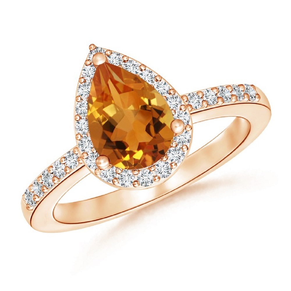 Pear Cut Orange Citrine & CZ Diamond 14K Rose Gold Fn Engagement Halo Ring
