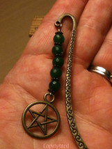 Mini Bookmark Antique Bronze Tone Dangling Green Jade Beads &amp; Pentacle H... - $10.99