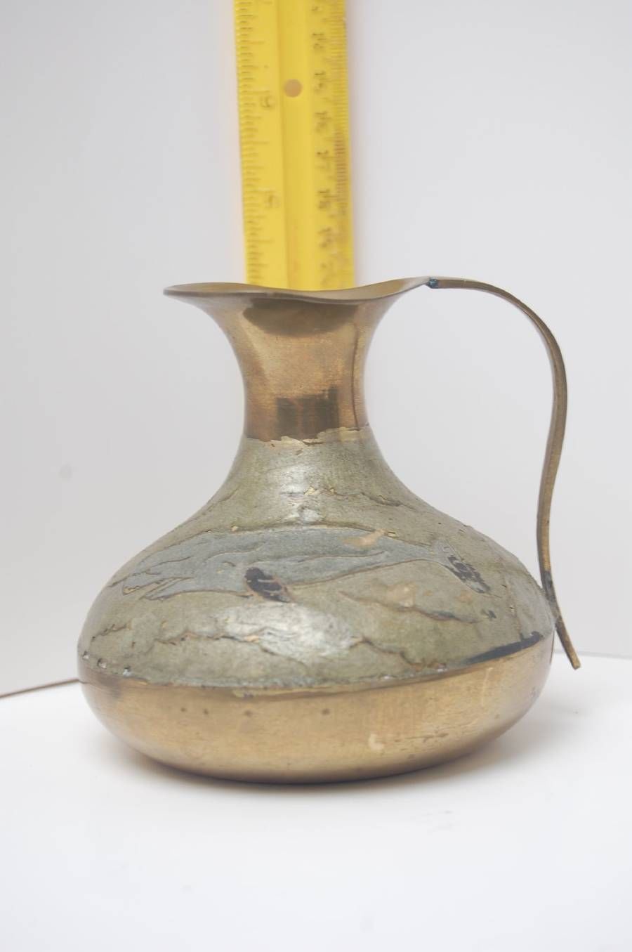 Vintage GoldGreen Enamel Painted Etched Brass Pitcher Vase Jug with