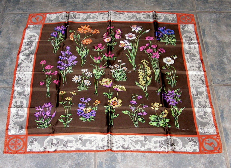 Primary image for Vintage Gucci Floral Silk Scarf, Thistle Flower Border with Antelope, Large
