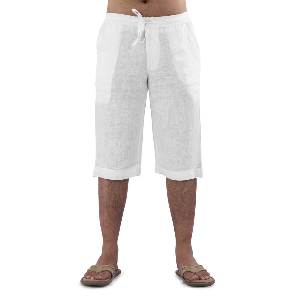 Mens Beach  Knee Length Drawstring  Linen Shorts, With Upturned Cuffs plus size