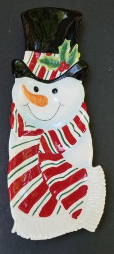Vintage Fitz and Floyd Ceramic Holiday Snowman Long Snack Serving Tray Plate