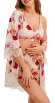 RH 3P Robe Set Women Floral Cami Sexy PJ Nightwear Sexy Lace Lingerie RH... - $22.99