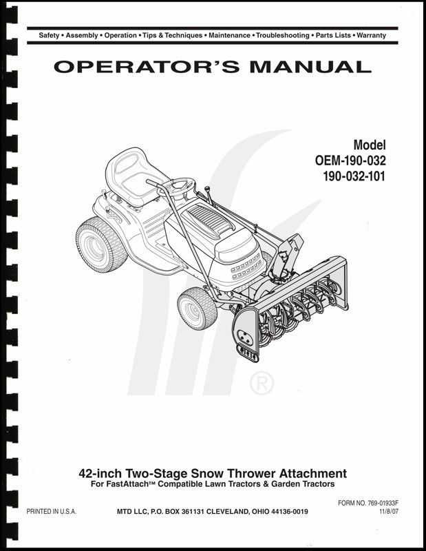 Cub Cadet 42" Snow Thrower Attachment Operators Manual Model No. 190