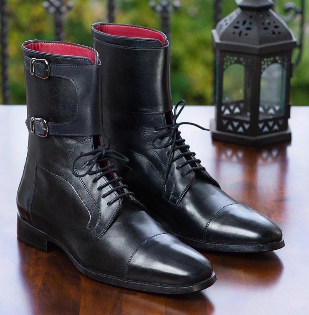 NEW Handmade Double Monk Ankle High Lace Up boot, Men's Black Cap Toe Leather bo