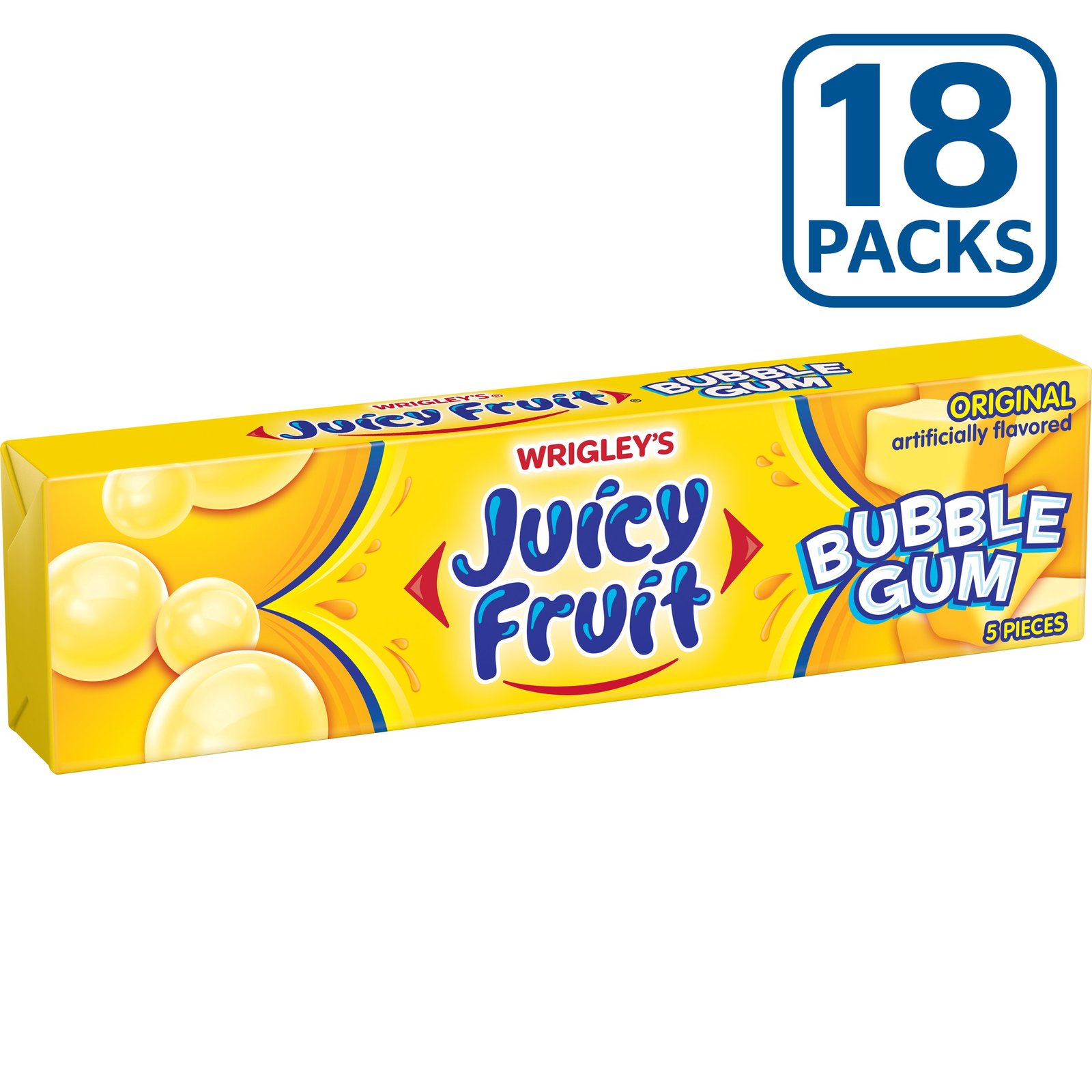 Juicy Fruit Original Bubble Gum, 5 piece pack (18 Packs) Bubblegum Box