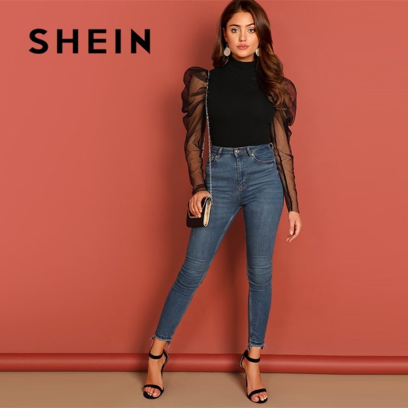 SHEIN Going Out Highstreet Black Mesh Gigot Sleeve High Neck Fitted Top 2018 Au - T-Shirts 