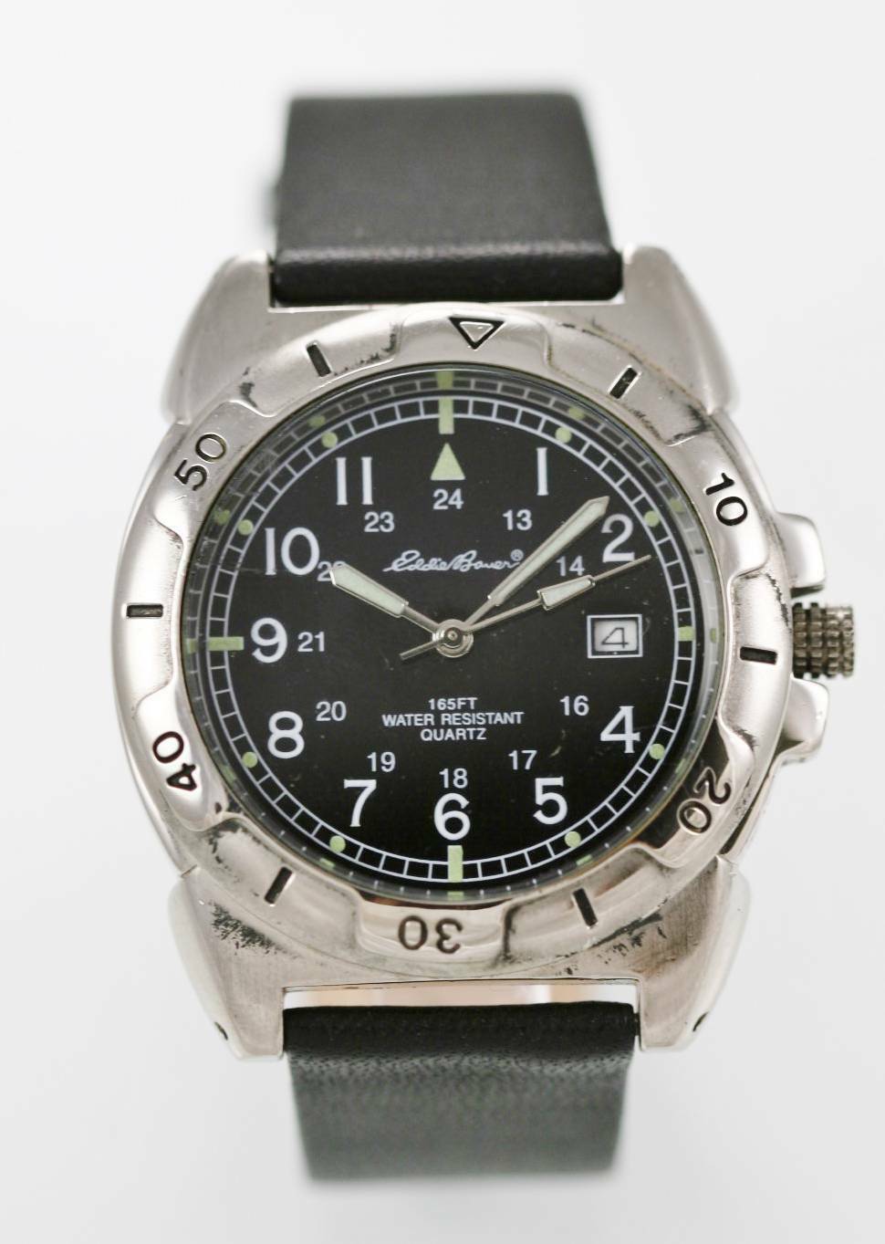 Eddie Bauer Watch Mens 24hr Date Stainless Silver Steel Leather