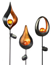 Solar Lighted Garden Stakes Flame Design Metal Black Orange Set of 3 - 36" High