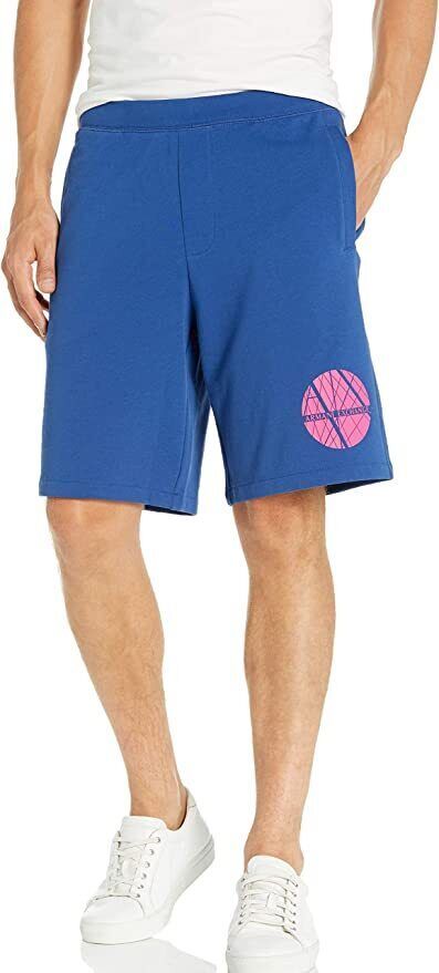 AX Armani Exchange Men's Fleece Circle Neon Logo Jogger Shorts in Blue-Size XL