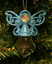 Blue Glittered Angel w/ Green Gems Shatterproof Christmas Tree Ornament - $8.88